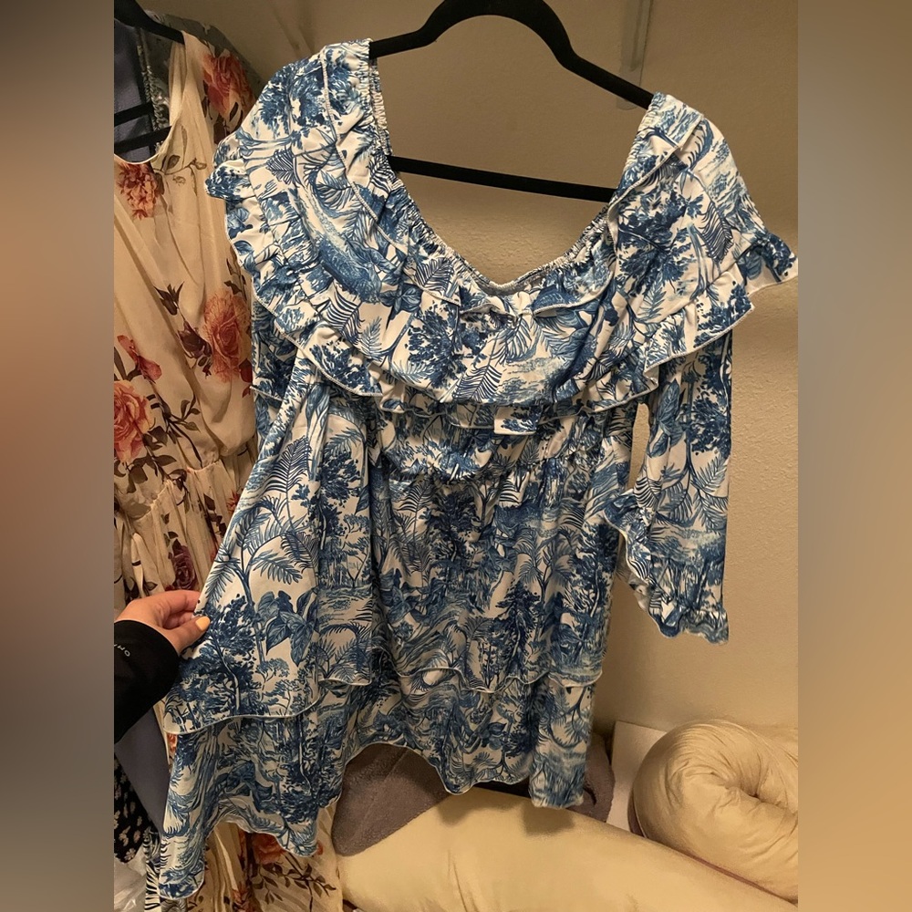 Off shoulder blue tropical dress